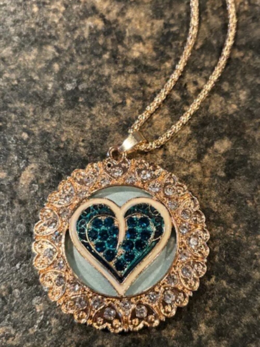 Betsey Johnson Blue Heart Gold CZ Medallion Necklace